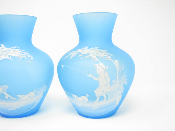edgebrookhouse - Vintage Westmoreland Mary Gregory Style Blue Mist Glass Vases of Boy & Girl - Set of 2