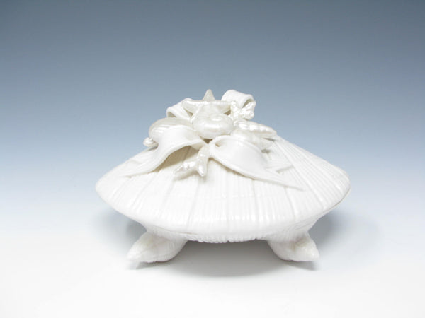 edgebrookhouse - Vintage White Ceramic Oyster Shell Shaped Box with Ceramic Shells and Ribbons