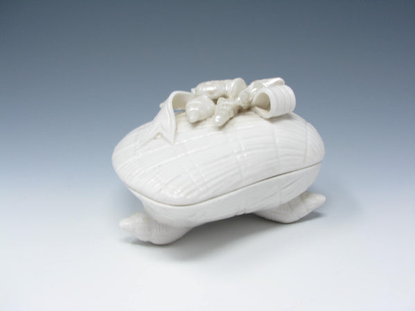 edgebrookhouse - Vintage White Ceramic Oyster Shell Shaped Box with Ceramic Shells and Ribbons