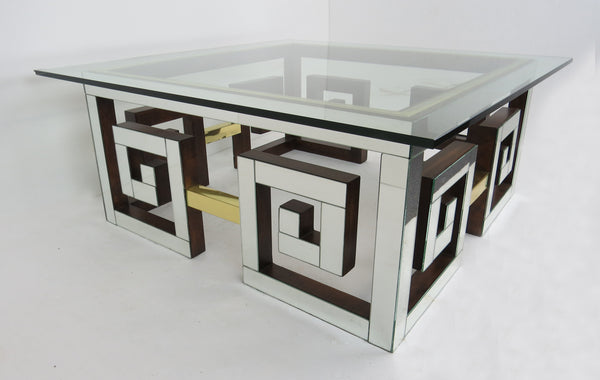 edgebrookhouse - Vintage Hollywood Regency Mirror and Glass Coffee Table with Grecian Key Design and Brass Accents