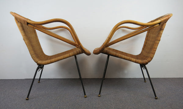 edgebrookhouse - Vintage Mid-Century Modern Rattan & Sculpted Bamboo Hoop Chairs With Iron and Brass Legs - a Pair
