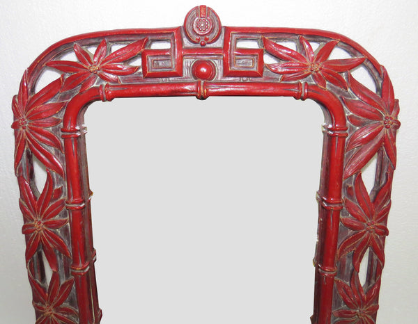 edgebrookhouse - Vintage Mid-Century Syroco Wood Faux Bamboo Red Lacquer Mirror