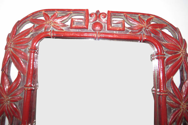 edgebrookhouse - Vintage Mid-Century Syroco Wood Faux Bamboo Red Lacquer Mirror