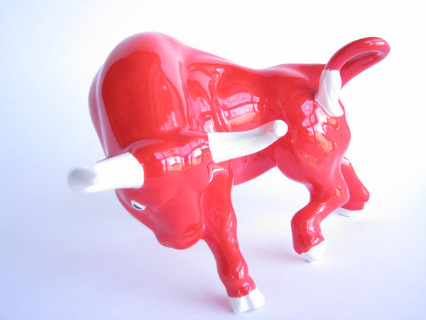 edgebrookhouse - Vintage 1970s Handmade Glazed Ceramic Red Charging Bull