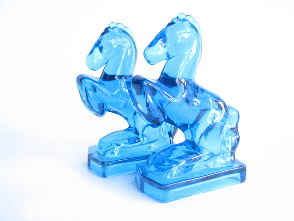 edgebrookhouse - 1940s L.E. Smith Blue Glass Horse Bookends - a Pair