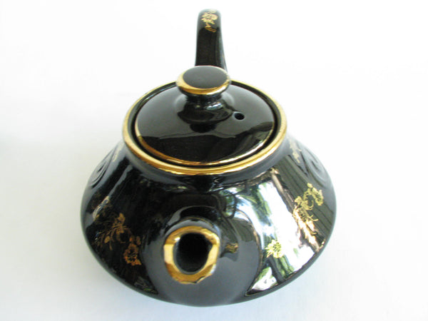 edgebrookhouse - 1950s Black Pearl China Hand Decorated with 22K Gold USA Teapot, Creamer, and Sugar Bowl - 3 Piece Set