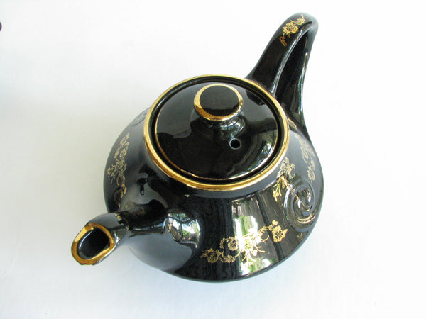 edgebrookhouse - 1950s Black Pearl China Hand Decorated with 22K Gold USA Teapot, Creamer, and Sugar Bowl - 3 Piece Set