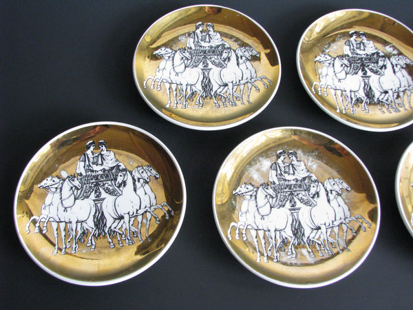 edgebrookhouse - 1960s Fornasetti Roman Chariot Gilded Porcelain Coasters - Set of 6