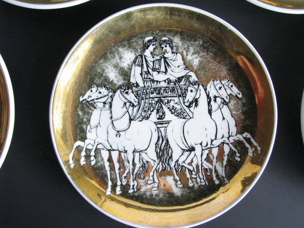 edgebrookhouse - 1960s Fornasetti Roman Chariot Gilded Porcelain Coasters - Set of 6