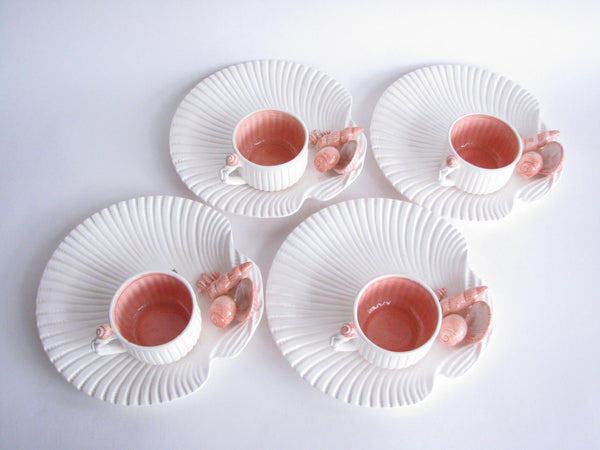 edgebrookhouse - 1970s Fitz and Floyd Oceana Hand-Painted Ceramic Shell Snack Plates, Cups, Spoons - 12 Pieces
