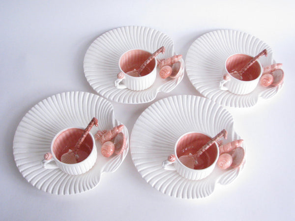 edgebrookhouse - 1970s Fitz and Floyd Oceana Hand-Painted Ceramic Shell Snack Plates, Cups, Spoons - 12 Pieces
