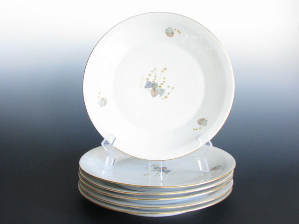 edgebrookhouse - 1980s Chodziez Porcelain Salad Plates with Leaf Design and Gold Trim Made in Poland - Set of 6