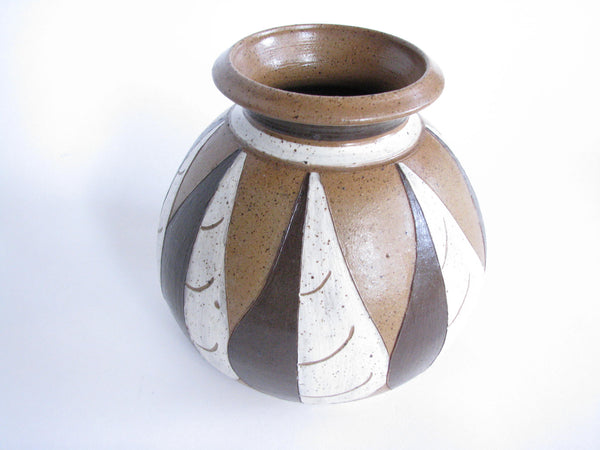 edgebrookhouse - 1980s Mid-Century Modern Pottery Vase with Brown and White Leaves by Artist Nelson