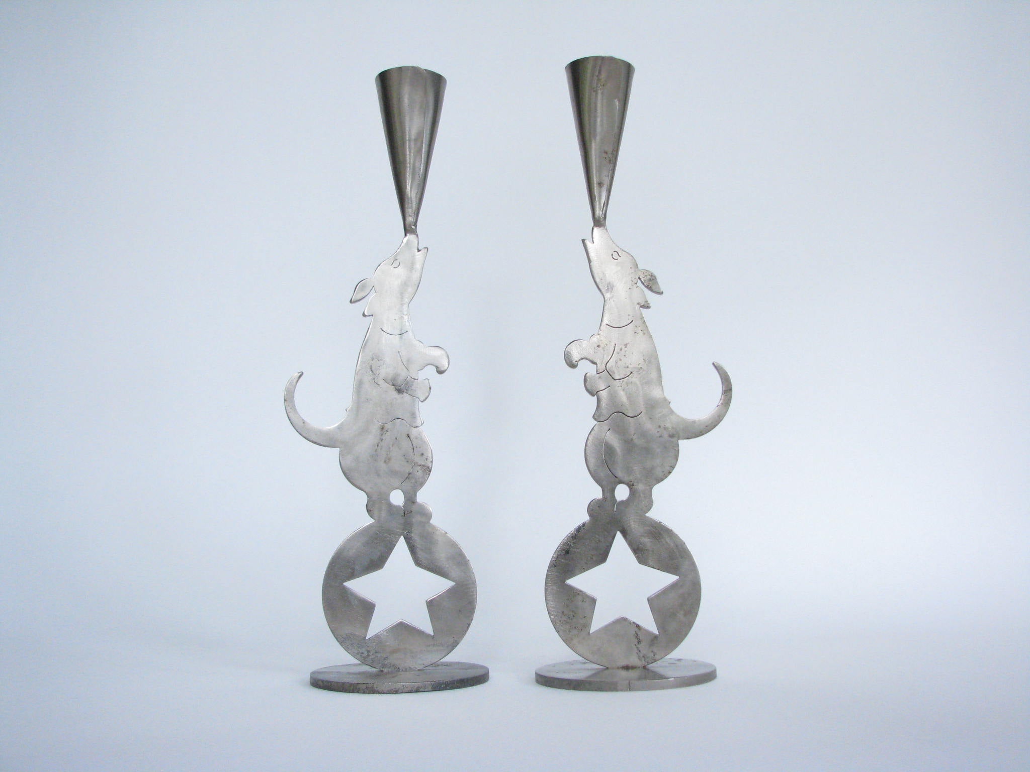 edgebrookhouse - 1990s Brushed Stainless Steel Circus Dog Candleholders by Metal Artist Amy Hess