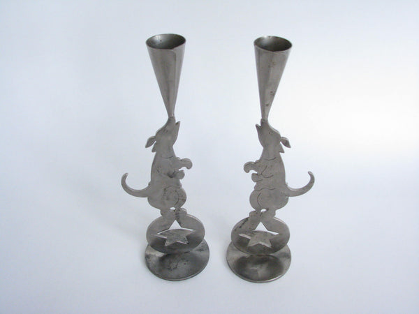edgebrookhouse - 1990s Brushed Stainless Steel Circus Dog Candleholders by Metal Artist Amy Hess