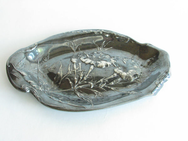 edgebrookhouse - Antique James W Tufts 4368 Silver Plate High Relief Tray w Flowers Art Nouveau