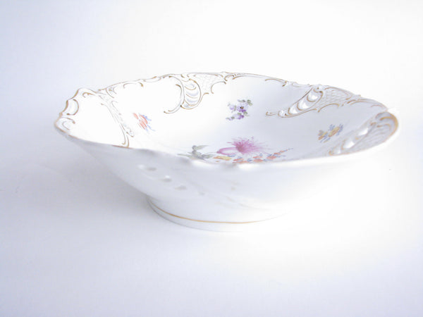 edgebrookhouse - Antique Nymphenburg Germany Reticulated Porcelain Serving Bowl with Embossments and Hand-Painted Floral Designs