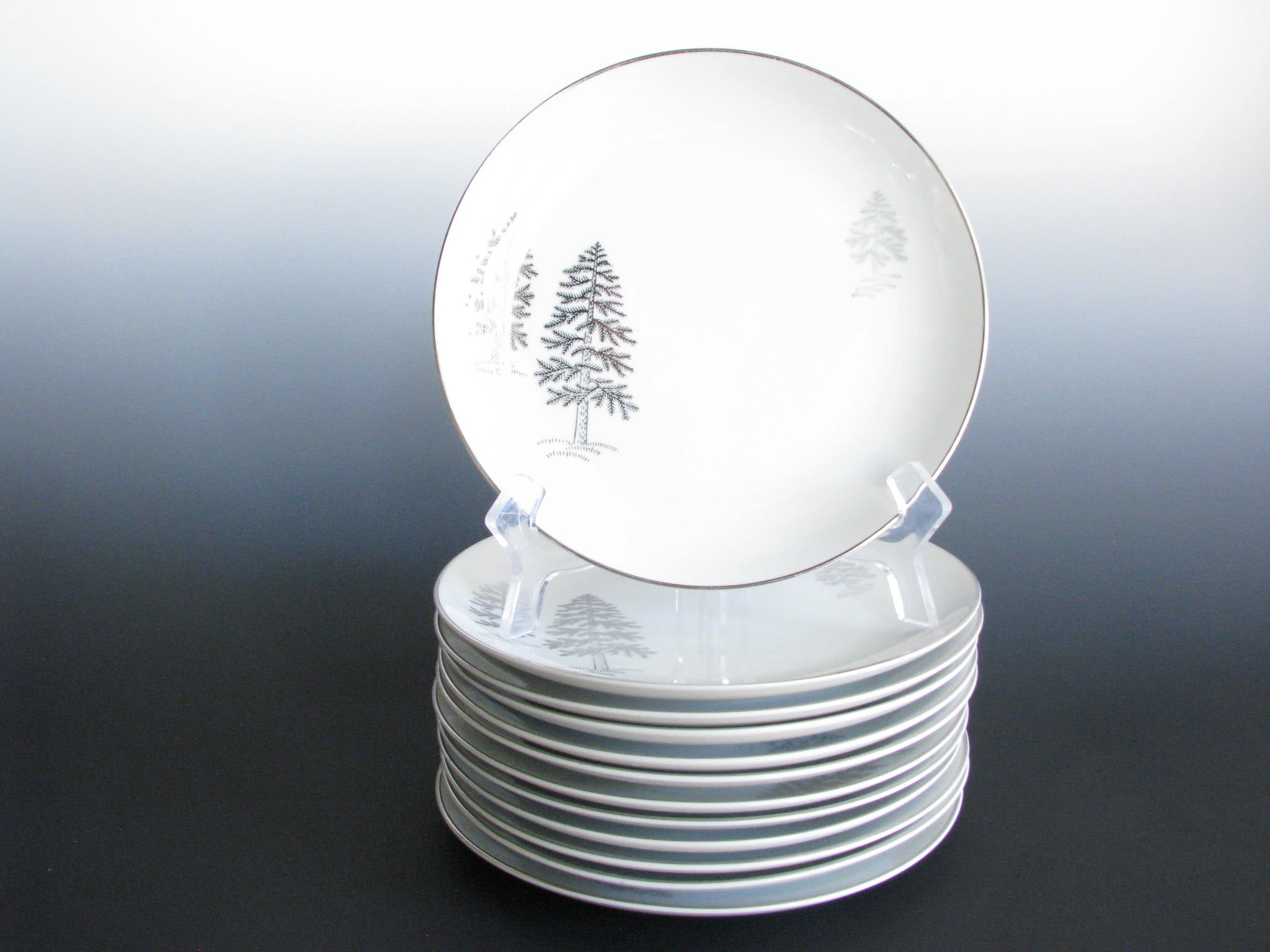 edgebrookhouse - Fukagawa Arita Hand Painted Silver Tree Coupe Salad Plates Made in Japan - Set of 12
