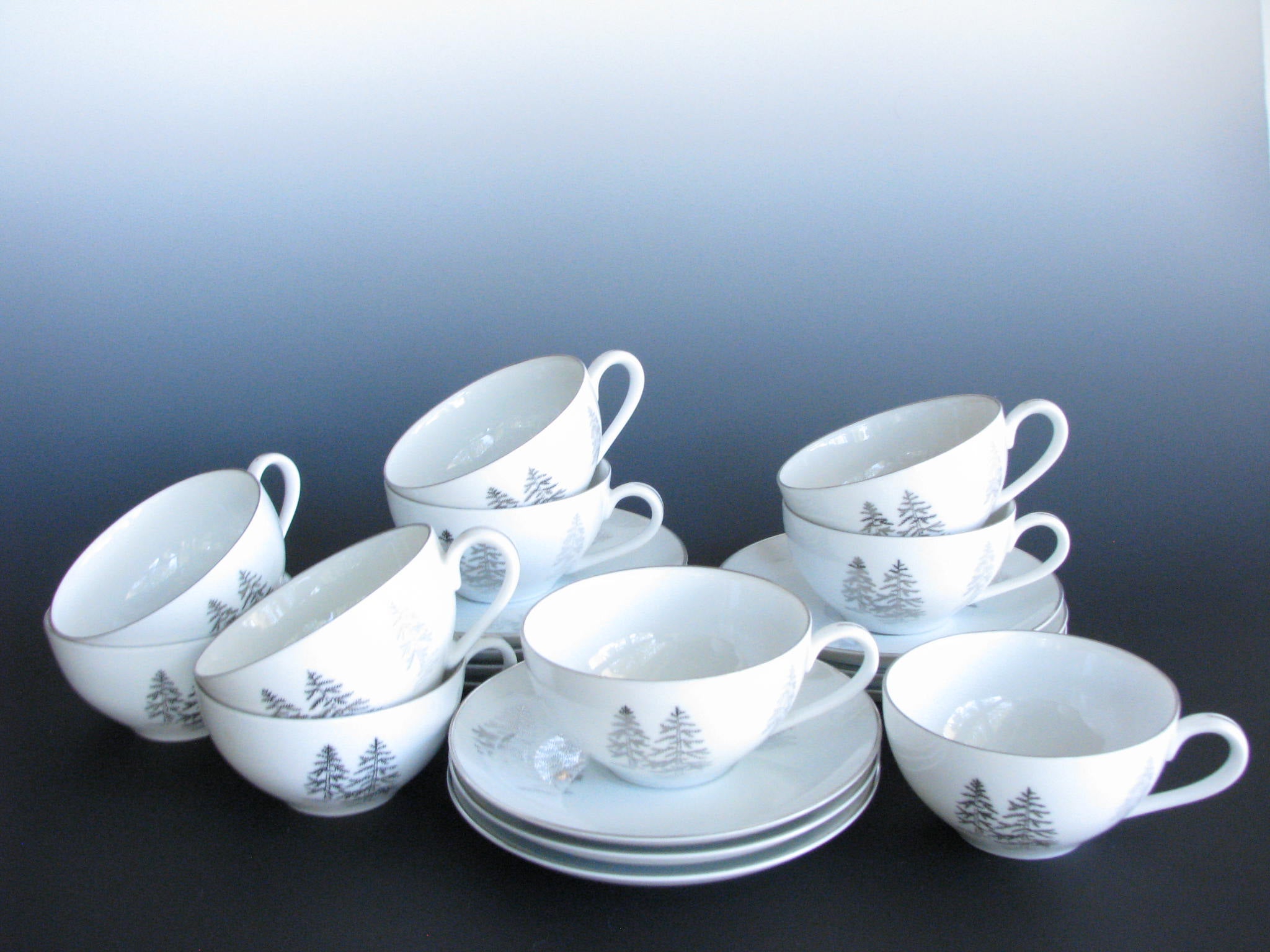edgebrookhouse - Fukagawa Arita Hand Painted Silver Tree Cups and Saucers Made in Japan - Set of 10
