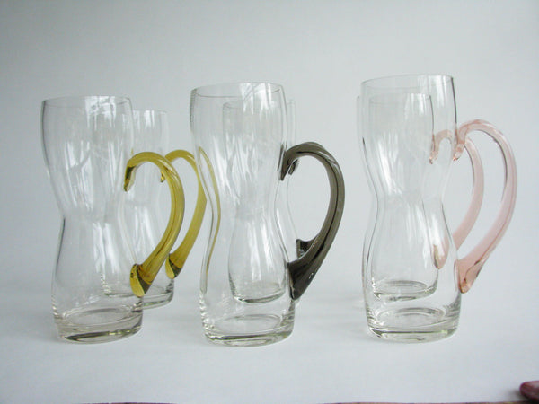 edgebrookhouse - Hand Blown Glass Mugs with Multicolor Handles in the Style of Per Lutken - Set of 6