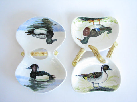 edgebrookhouse - Mid 20th Century Hand Painted Italian Ceramic Divided Dish with Duck Design - Set of 2