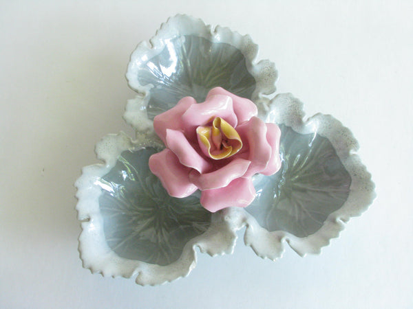 edgebrookhouse - Vintage Ceramic Gray and Pink Floral Rose Candy or Relish Dish Made in USA