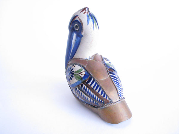 edgebrookhouse - Vintage Mexican Tonala Style Pottery Pelican with Copper Detail
