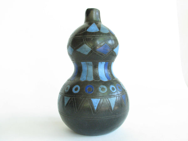 edgebrookhouse - Vintage Mexican Oaxacan black pottery Gourd Vase - Hand decorated in multi shades of blue
