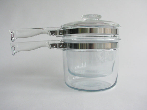 edgebrookhouse - Vintage Pyrex Flameware Glass Double Broiler with Acrylic Handles - 3 Pieces