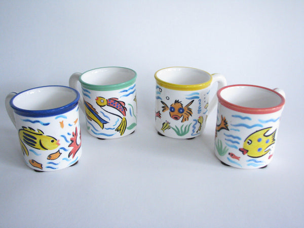 edgebrookhouse - Vintage Strata Group Les Tropiques Hand-Painted Ceramic Mugs with Fish Design - Set of 4