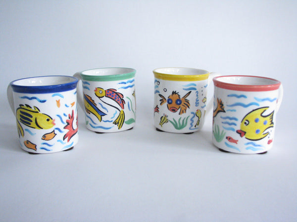 edgebrookhouse - Vintage Strata Group Les Tropiques Hand-Painted Ceramic Mugs with Fish Design - Set of 4