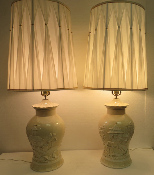 edgebrookhouse - 1960s Vintage Italian Off-White Lamp Shades With Gold Accents - a Pair