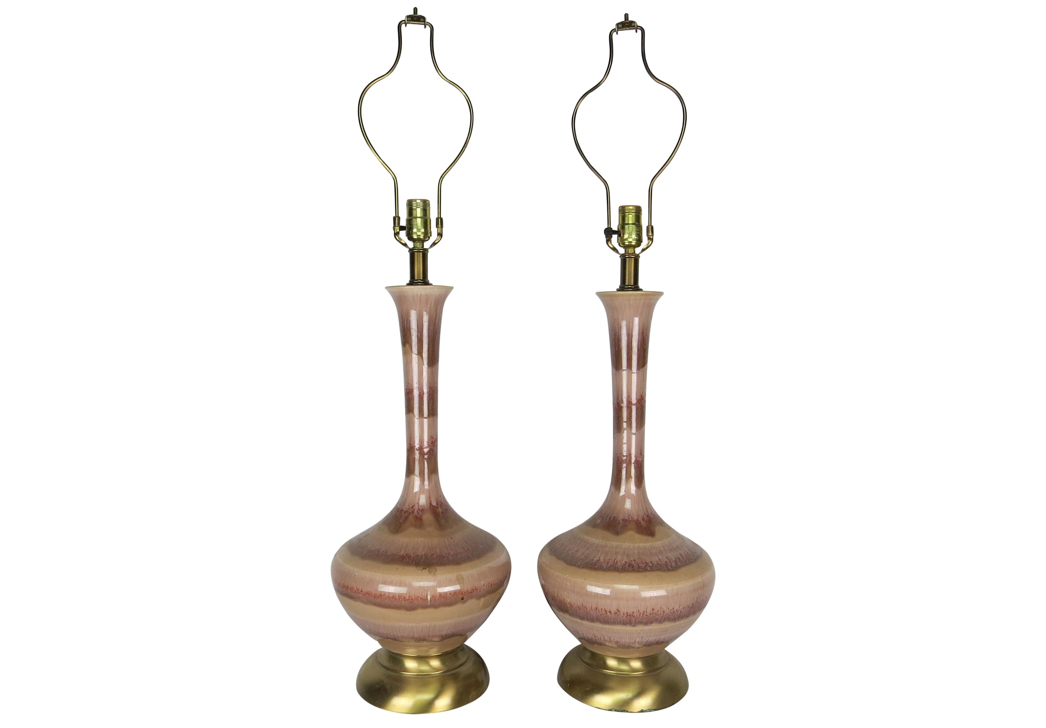 edgebrookhouse - mid century modern pink italian glazed ceramic and brass base lamps a pair