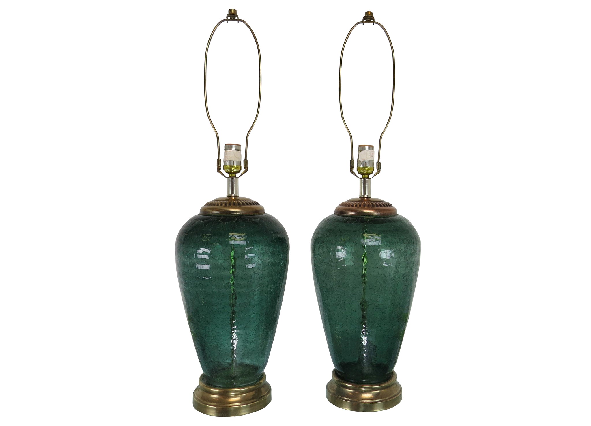 edgebrookhouse - Vintage Light Green Crackle Glass and Brass Table Lamps by Alsy - a Pair