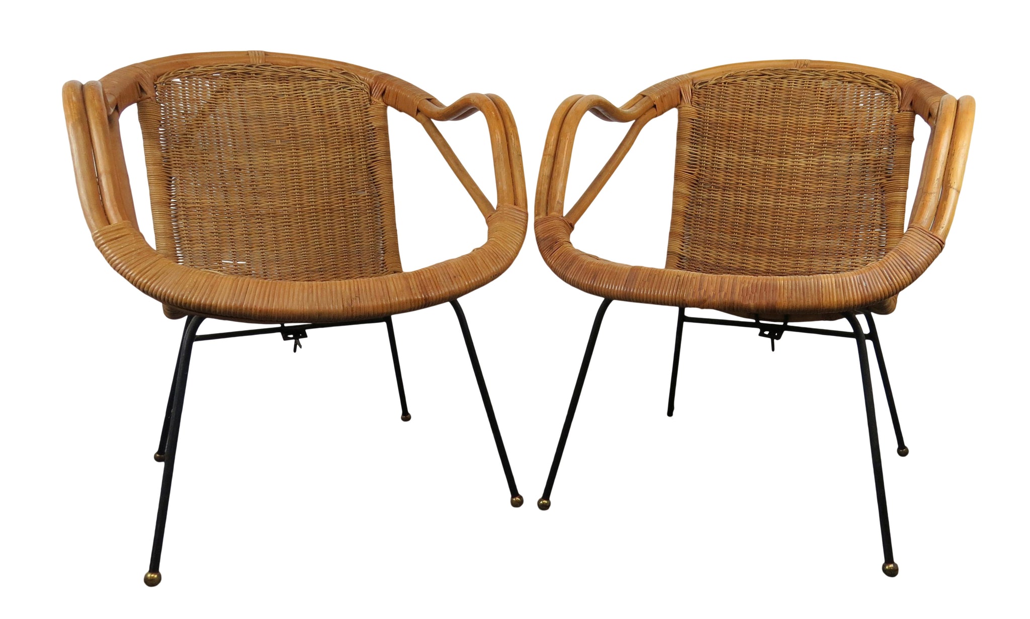 edgebrookhouse - Vintage Mid-Century Modern Rattan & Sculpted Bamboo Hoop Chairs With Iron and Brass Legs - a Pair