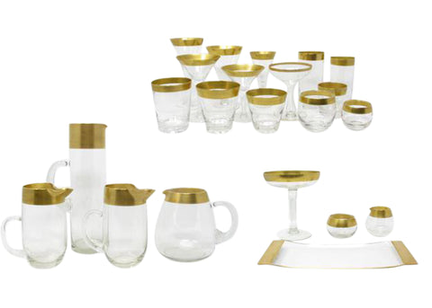 edgebrookhouse - Vintage Monumental Dorothy Thorpe 22K Gold Golden Band Glass Barware Collection - 57 Pieces