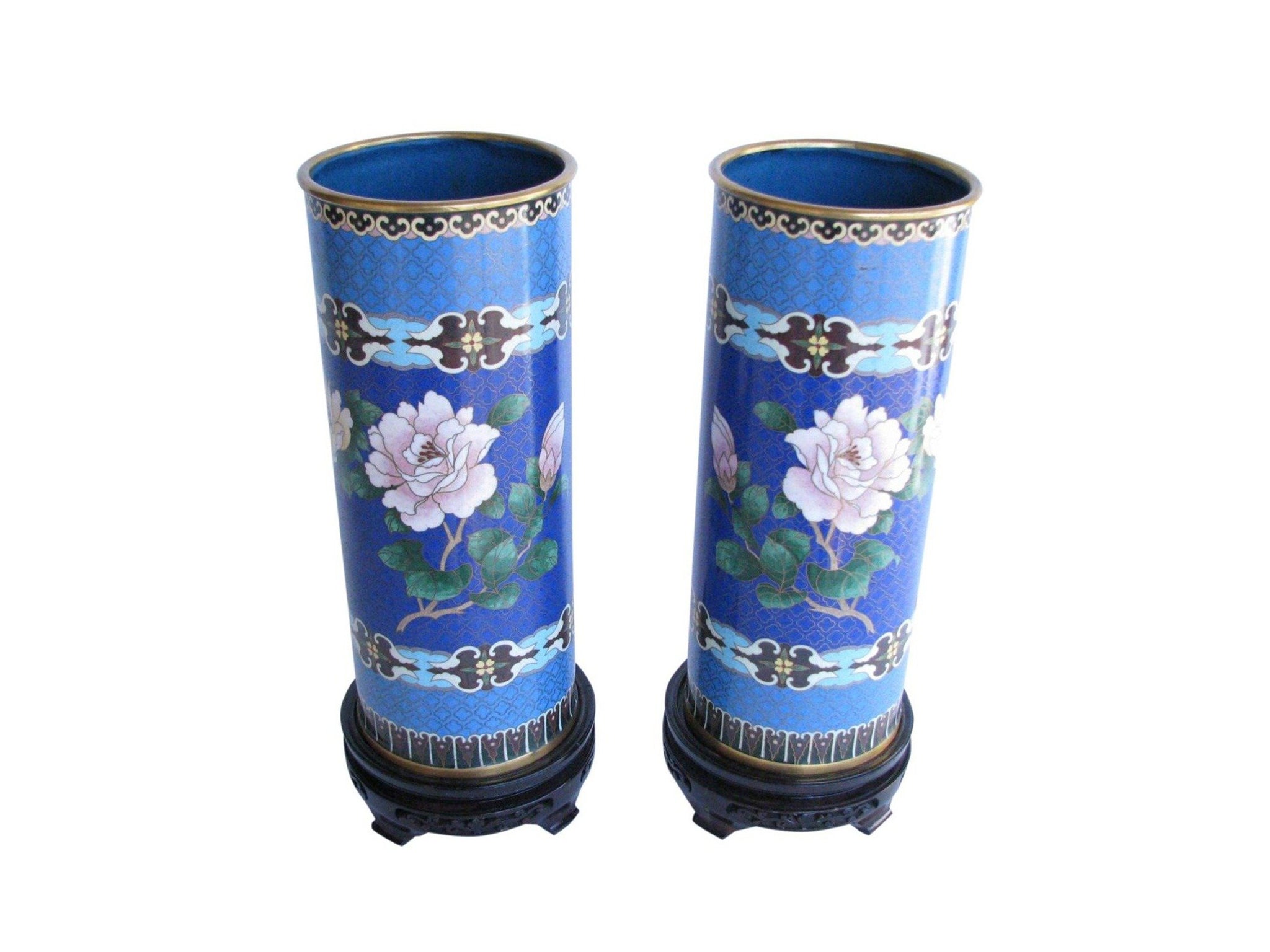 edgebrookhouse - 19th Century Cloisonné Enamel on Copper Vase on Rosewood Stand - a Pair